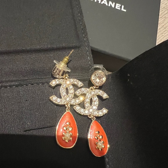 CHANEL Gold and Orange Crystal Water Drop Earrings